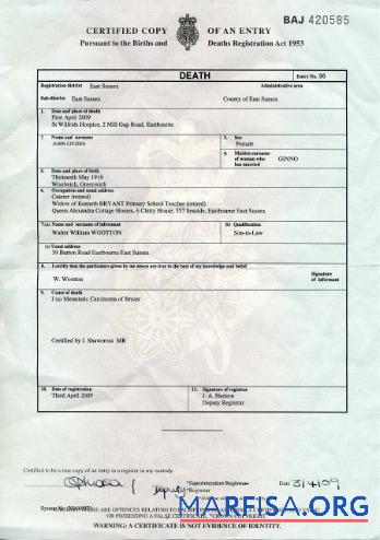 Printable UK Births and deaths Registry of East Sussex death certificate sample